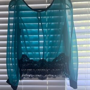 Elegant Teal Sheer Lace Trim Blouse
